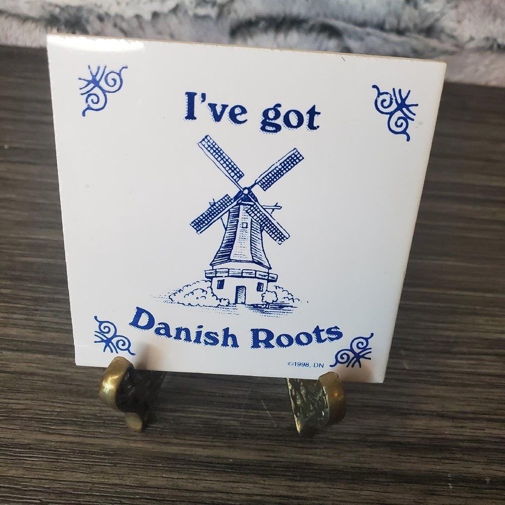 Vintage Danish Roots Culture Magnet Tile 3" Square Blue & White Windmill 1998 DN